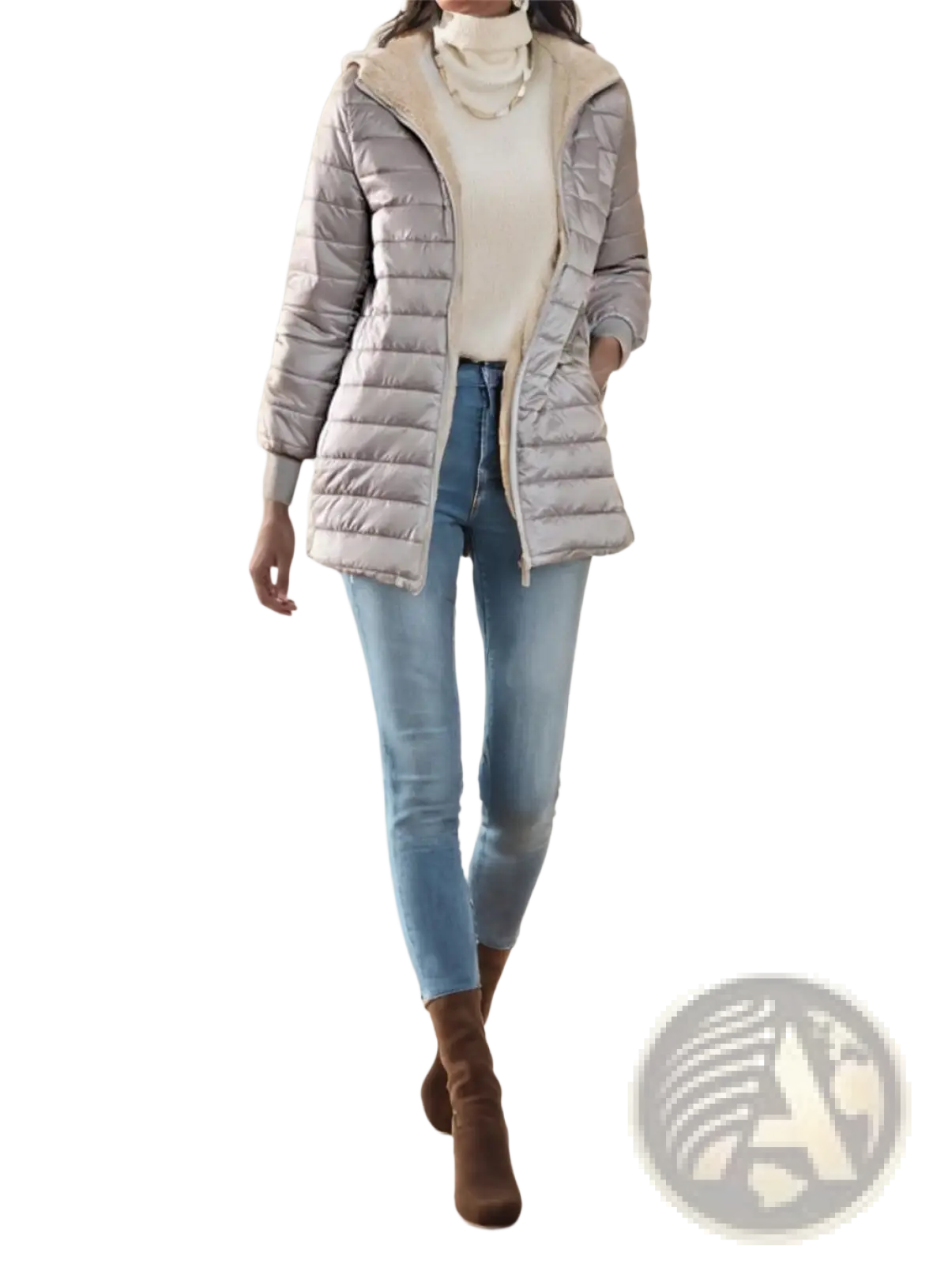 A light gray fleece lined puffer coat featuring quilted design and soft beige hood lining for warmth and comfort