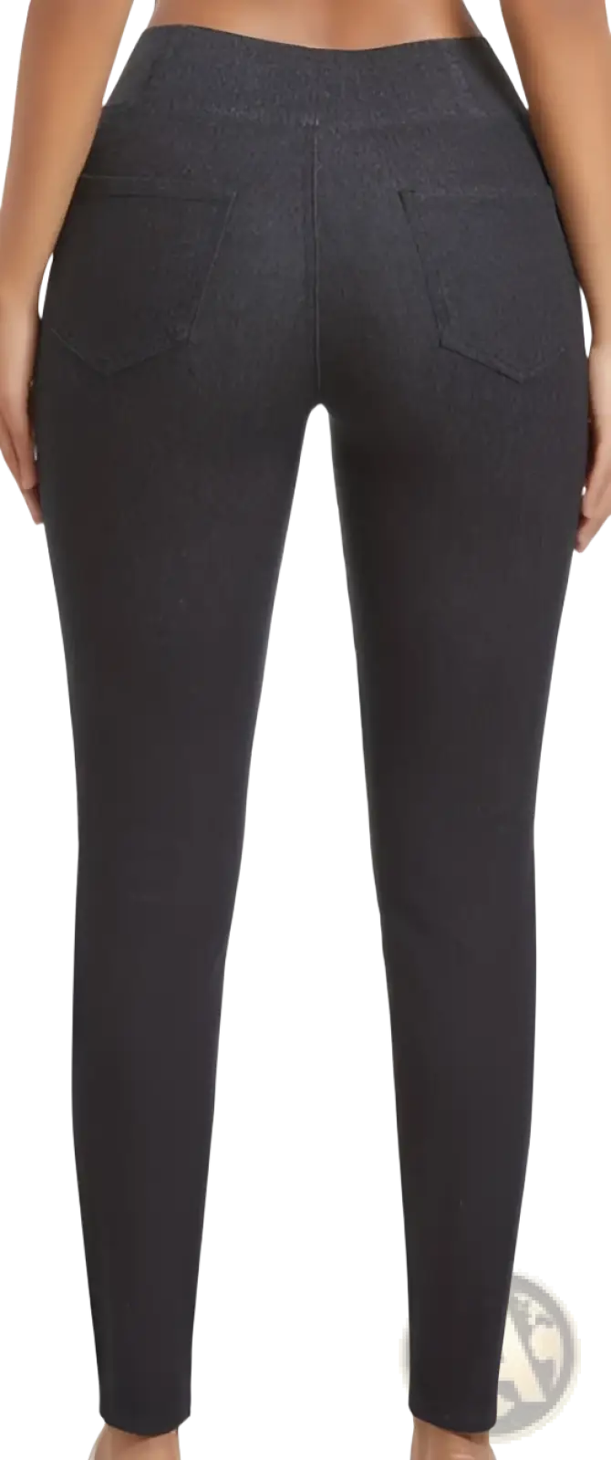 Back side of black fleece lined slim fit denim leggings with high waist and two stretchy back pockets
