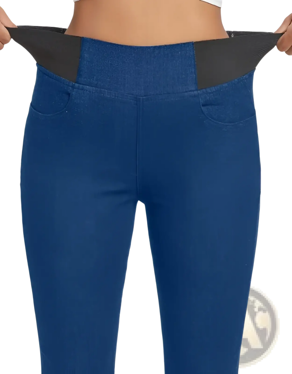 Blue fleece lined slim fit denim leggings with high waist black elastic waistband and front pockets