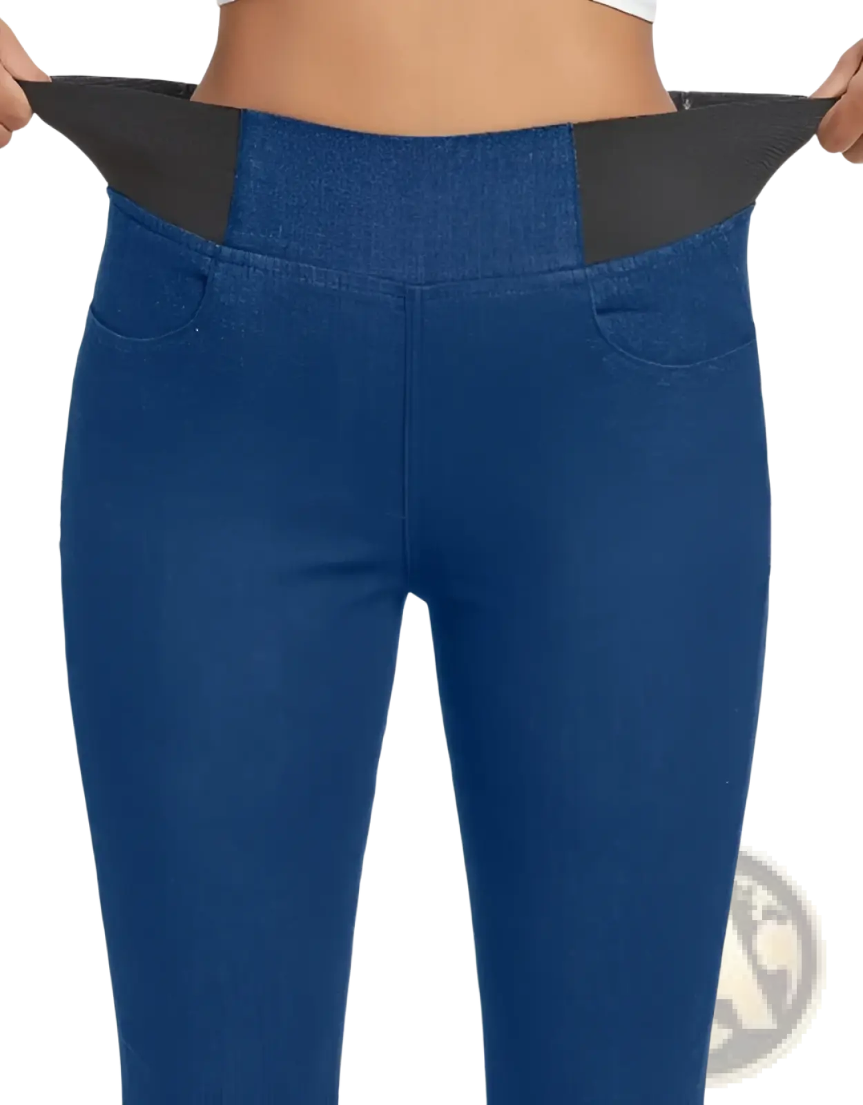 Blue fleece lined slim fit denim leggings with high waist black elastic waistband and front pockets