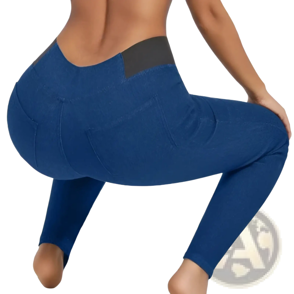 Fleece lined slim fit denim leggings in blue with black elastic waistband and side pockets in denim style