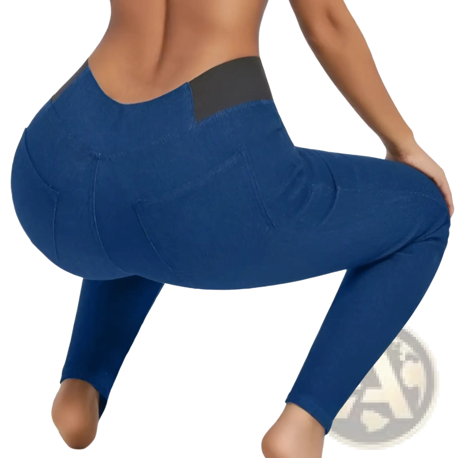 Fleece lined slim fit denim leggings in blue with black elastic waistband and side pockets in denim style