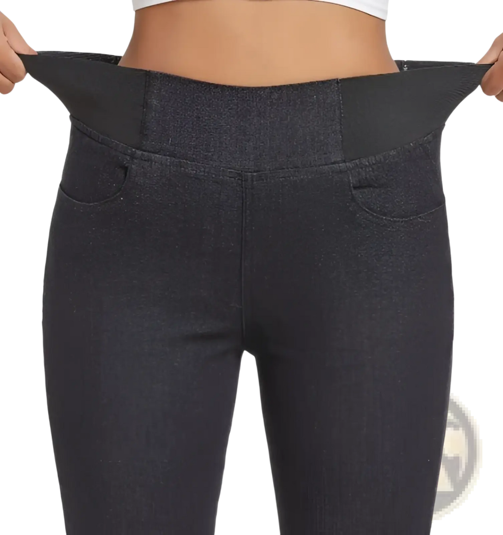 Fleece lined slim fit denim leggings in dark gray stretch fabric with high waist elastic band and two front pockets
