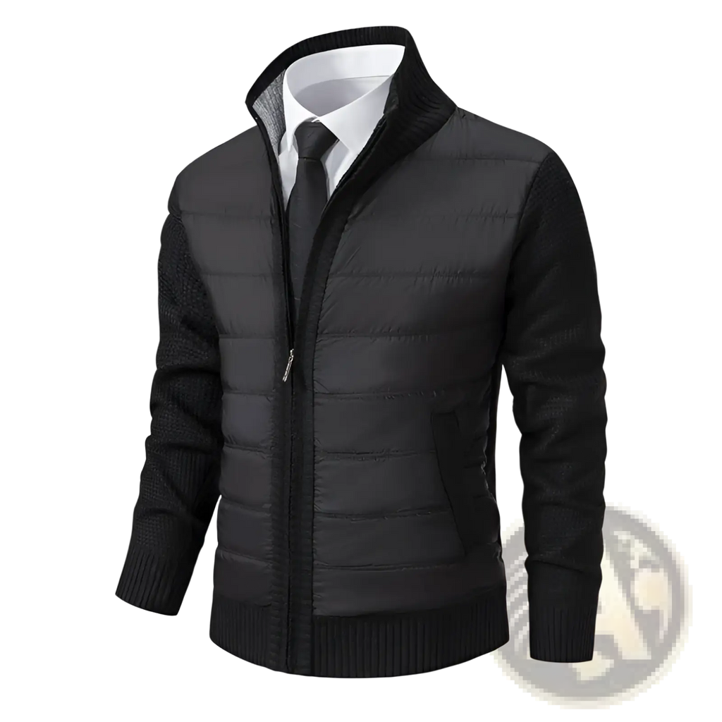 Black quilted puffer jacket with ribbed knit sleeves and collar fleece lined thickened mens stand collar coat