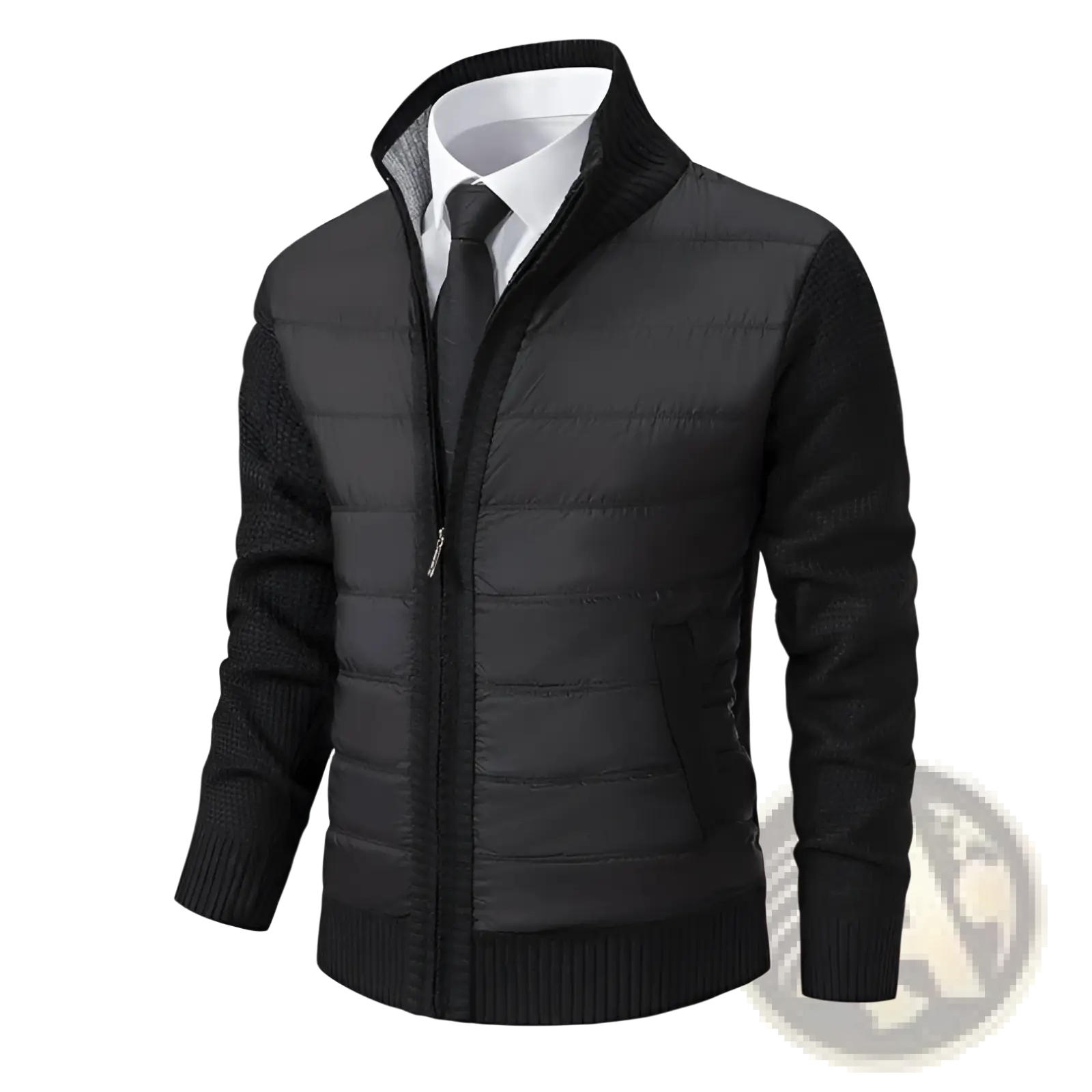Black quilted puffer jacket with ribbed knit sleeves and collar fleece lined thickened mens stand collar coat