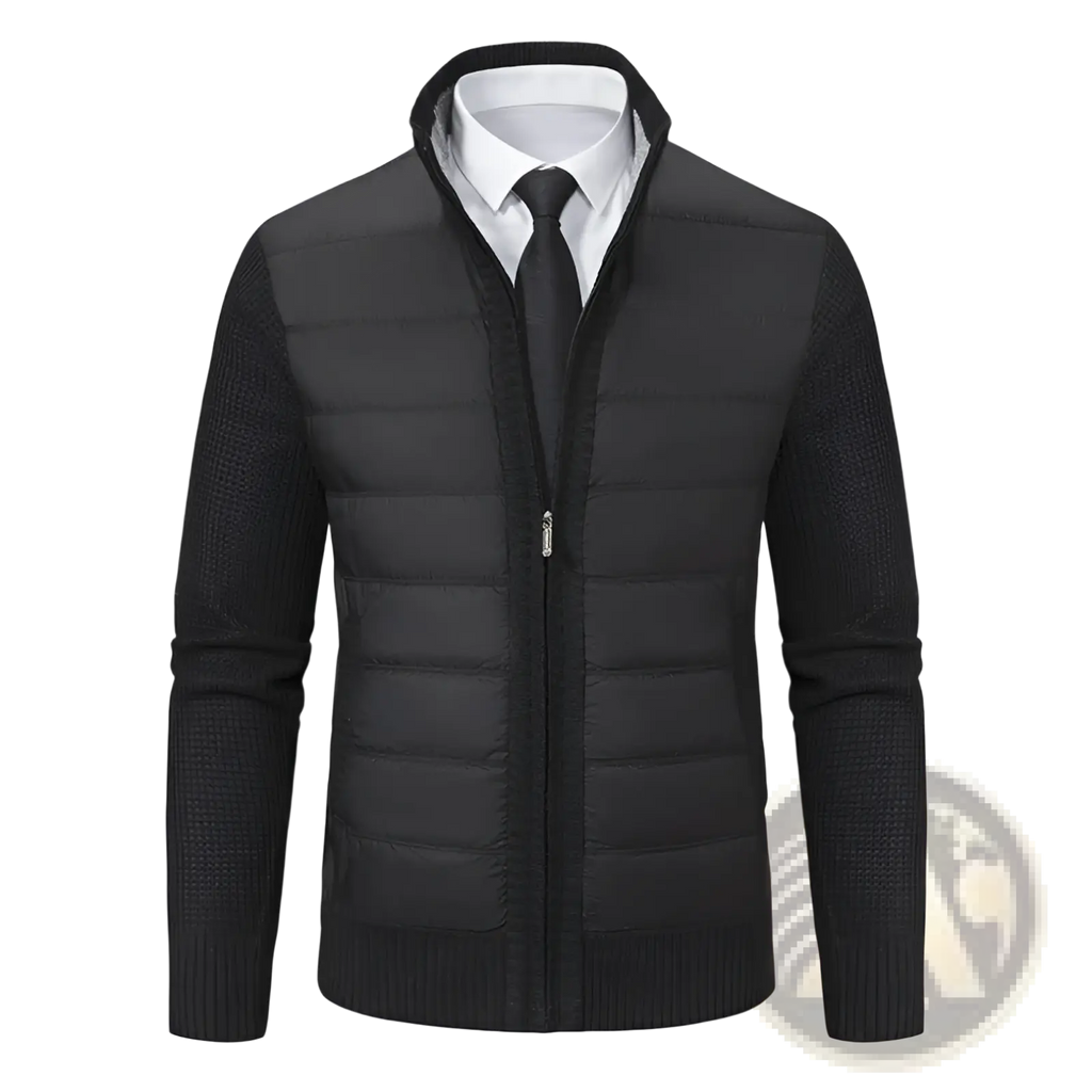 Black fleece lined thickened mens stand collar coat with quilted body, knit sleeves, and ribbed cuffs with zipper closure