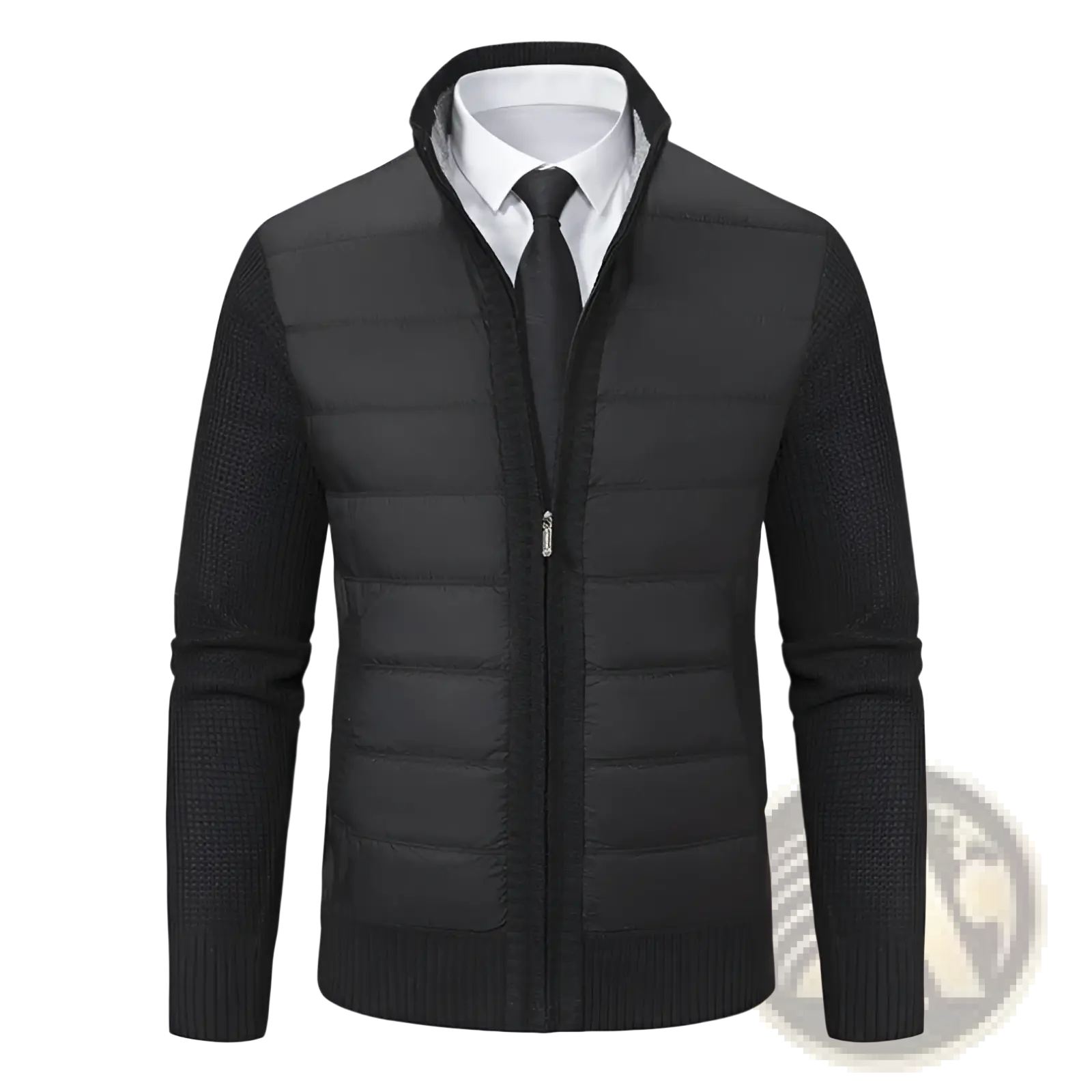 Black fleece lined thickened mens stand collar coat with quilted body, knit sleeves, and ribbed cuffs with zipper closure