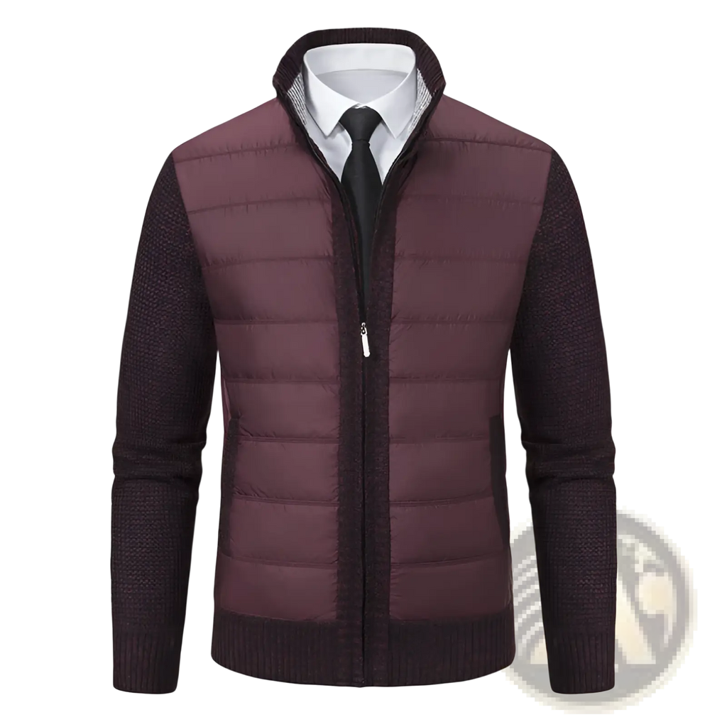 Burgundy quilted fleece lined thickened mens stand collar coat with dark brown knitted sleeves and collar