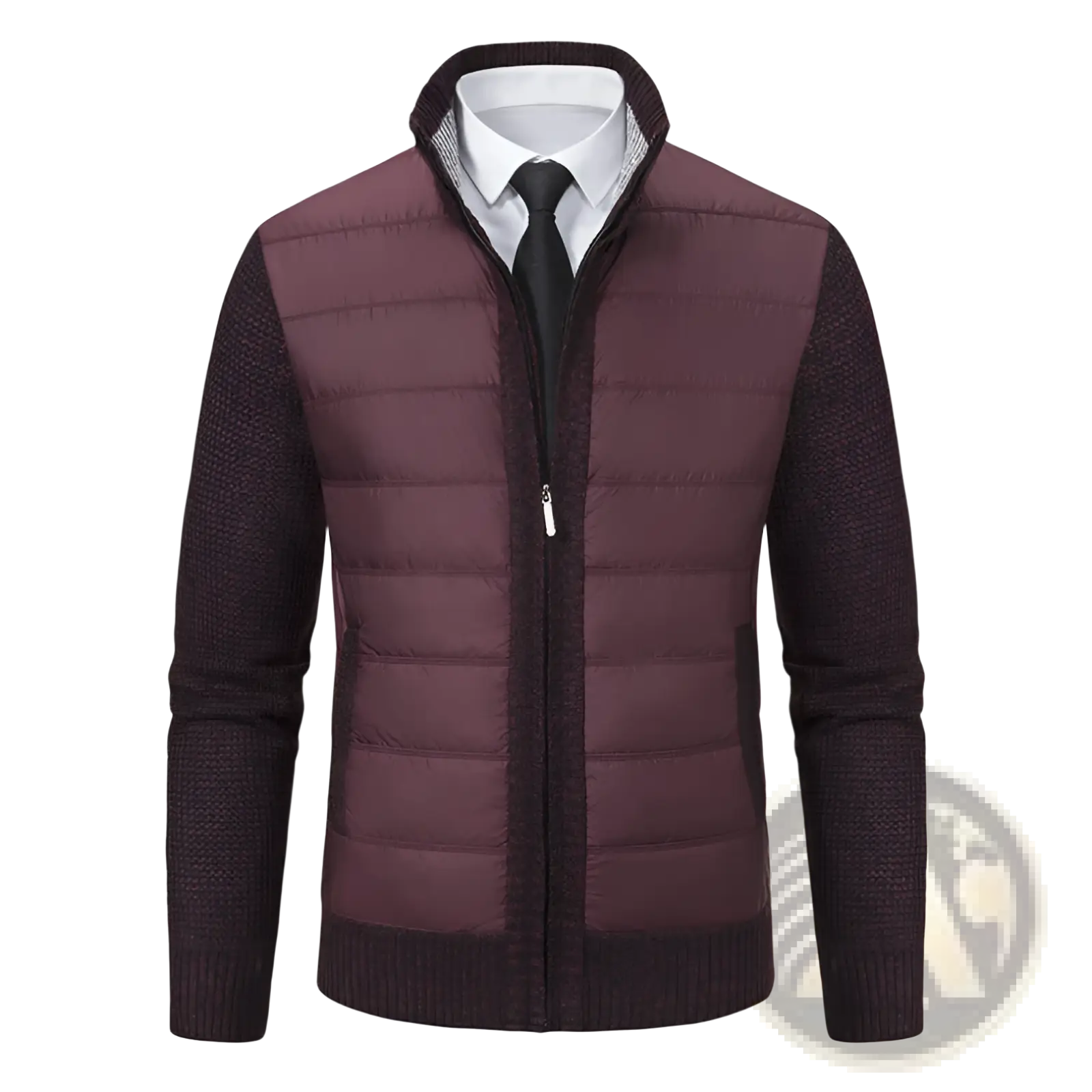 Burgundy quilted fleece lined thickened mens stand collar coat with dark brown knitted sleeves and collar