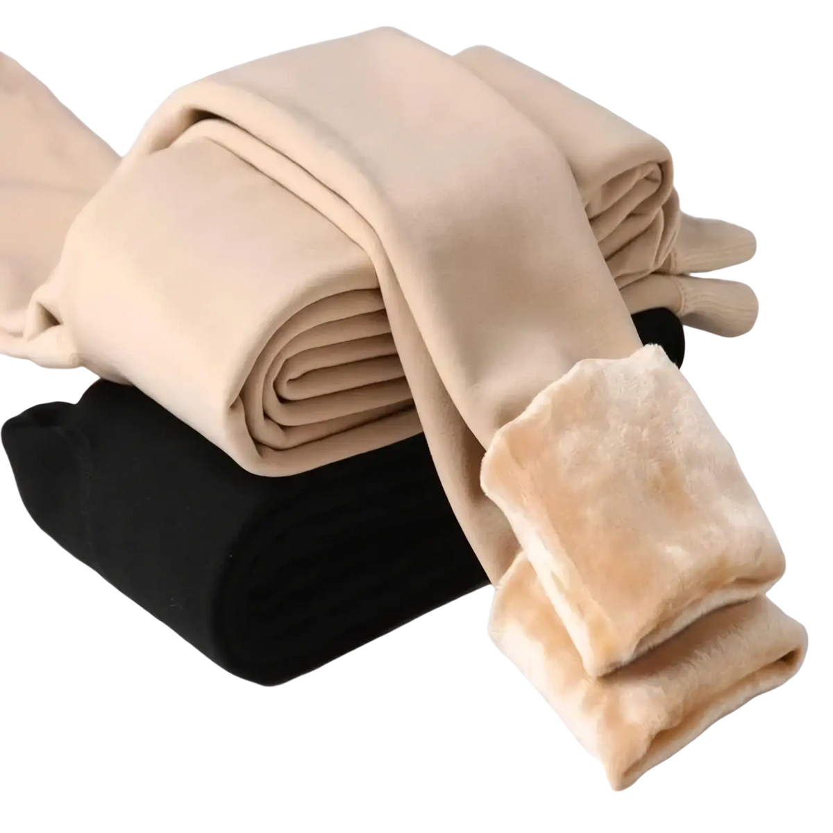 Beige fleece lined winter thermal pantyhose with faux fur lining and smooth outer fabric for cold weather comfort