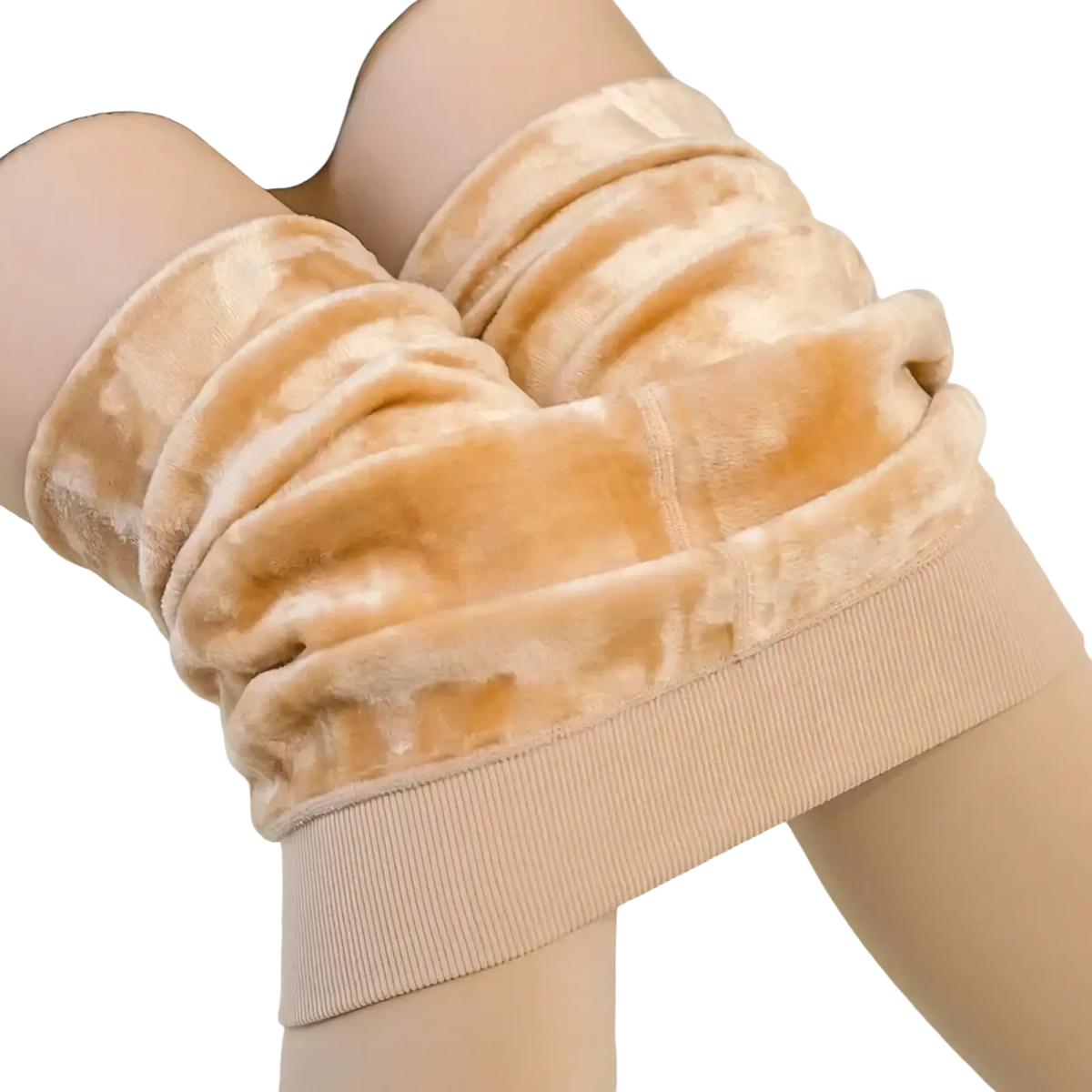 Beige fleece lined winter thermal pantyhose with velvet lining and ribbed waistband for cold weather comfort