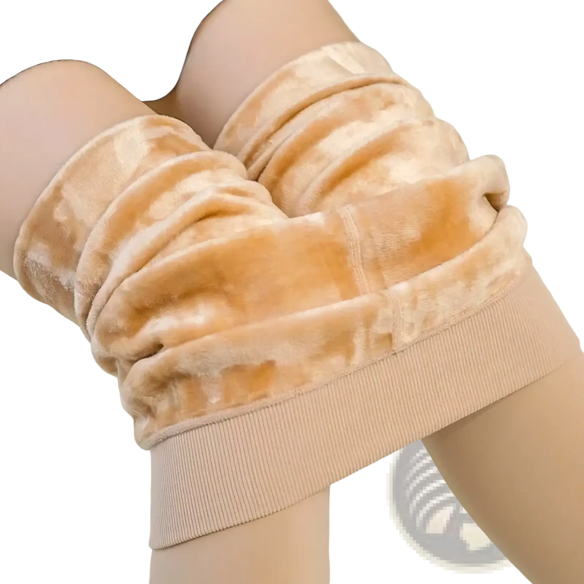 Beige fleece lined winter thermal pantyhose with velvet lining and ribbed waistband for cold weather comfort