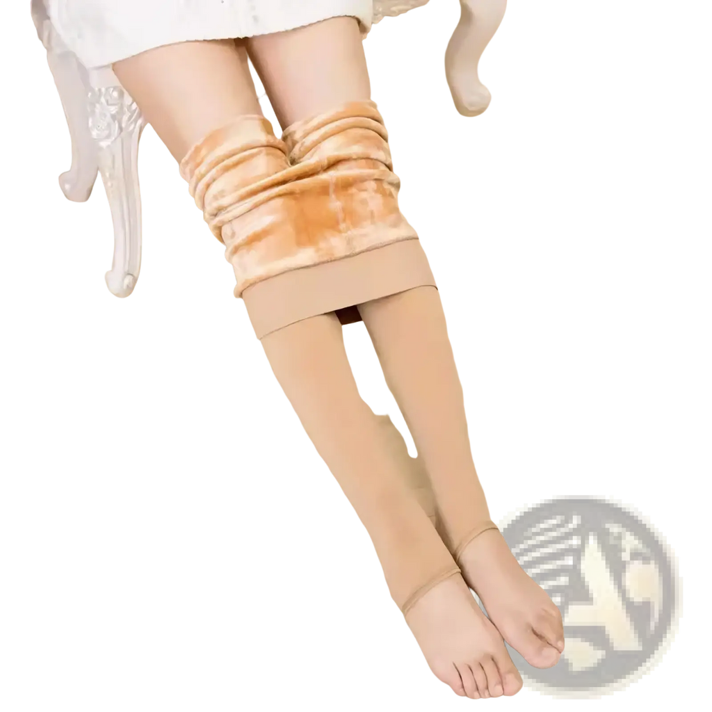 Beige fleece lined winter thermal pantyhose with plush orange brown faux fur cuff and elastic waistband