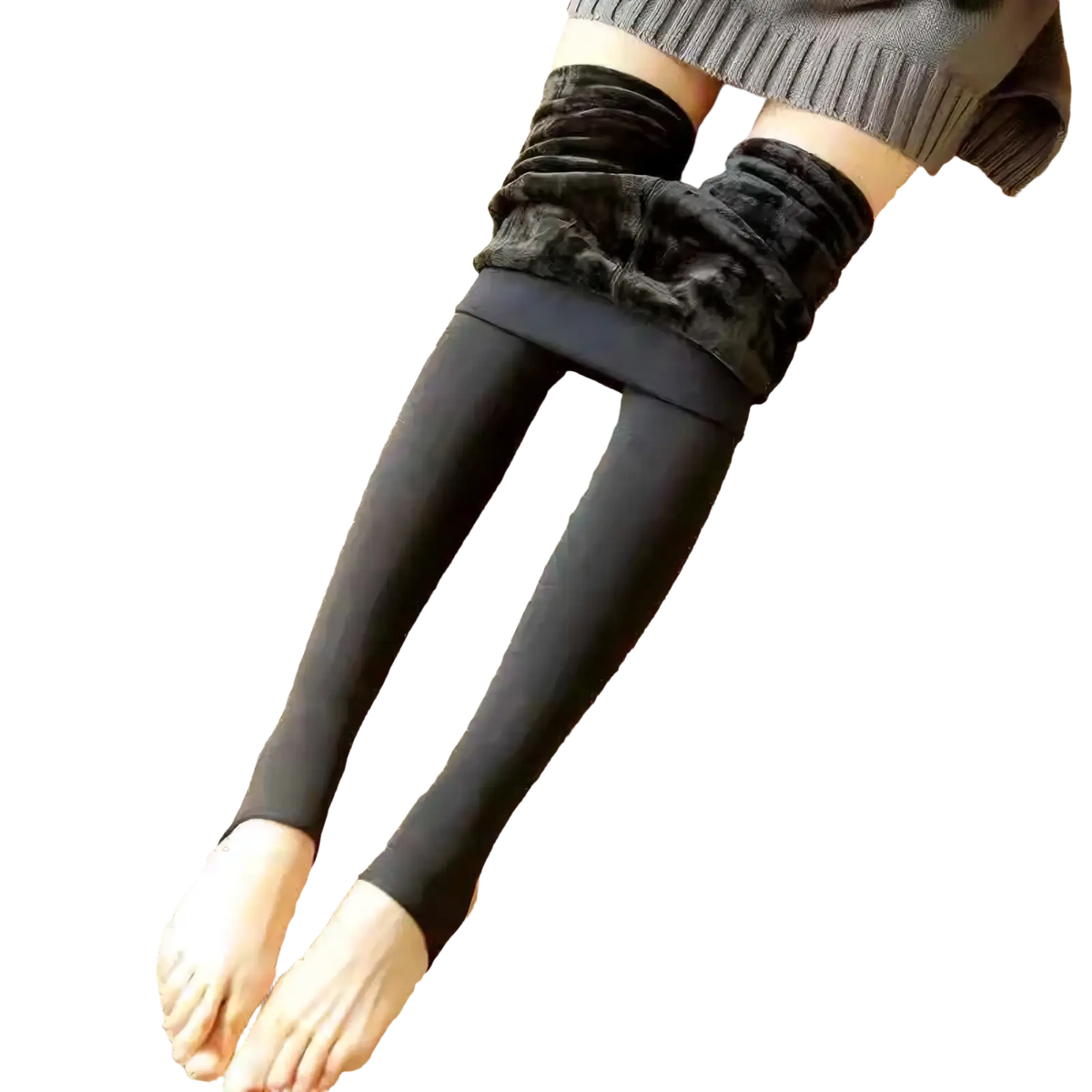 Black fleece lined winter thermal pantyhose with plush fuzzy inner lining for enhanced warmth and comfort