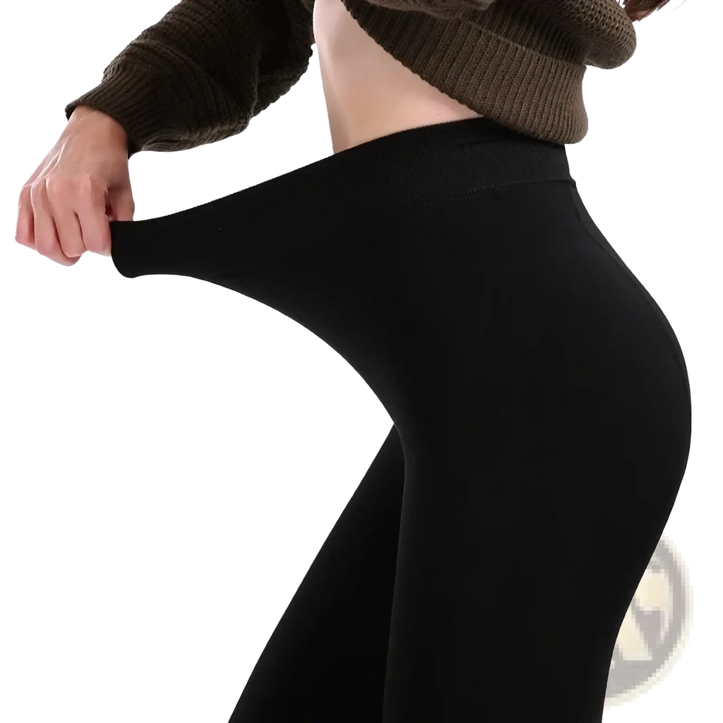 Black fleece lined winter thermal pantyhose with smooth stretchy fabric and form-fitting design for cold weather use