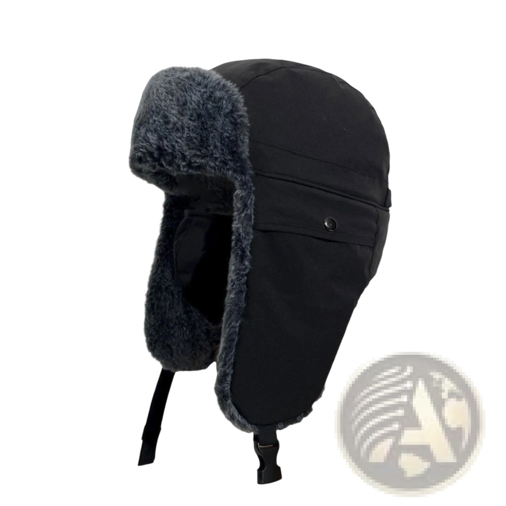 Black fleece-lined winter ushanka hat with plush gray fur trim and adjustable strap for cold weather use
