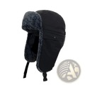 Black fleece-lined winter ushanka hat with plush gray fur trim and adjustable strap for cold weather use
