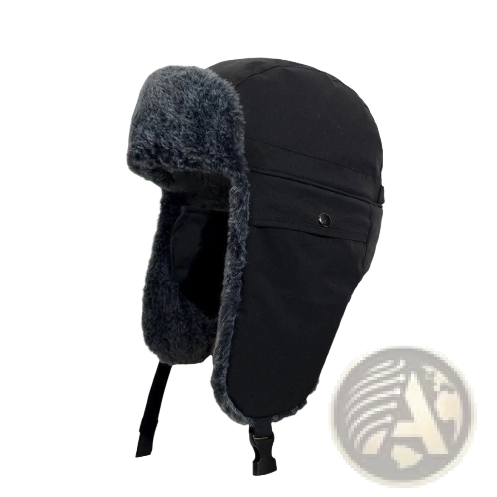 Black fleece-lined winter ushanka hat with plush gray fur trim and adjustable strap for cold weather use