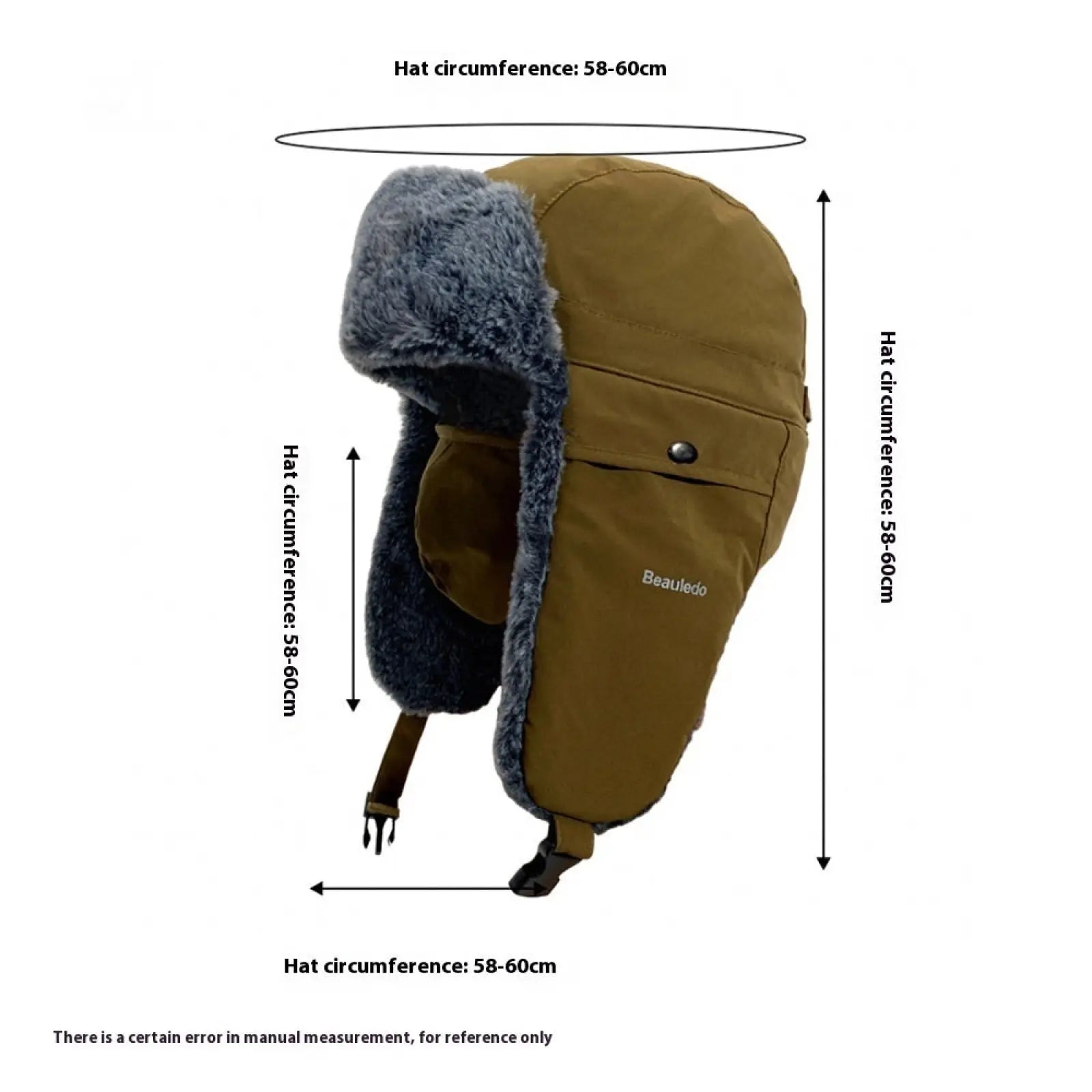 Brown beauledo fleece-lined winter ushanka hat with gray faux fur trim and a front pocket for cold weather use