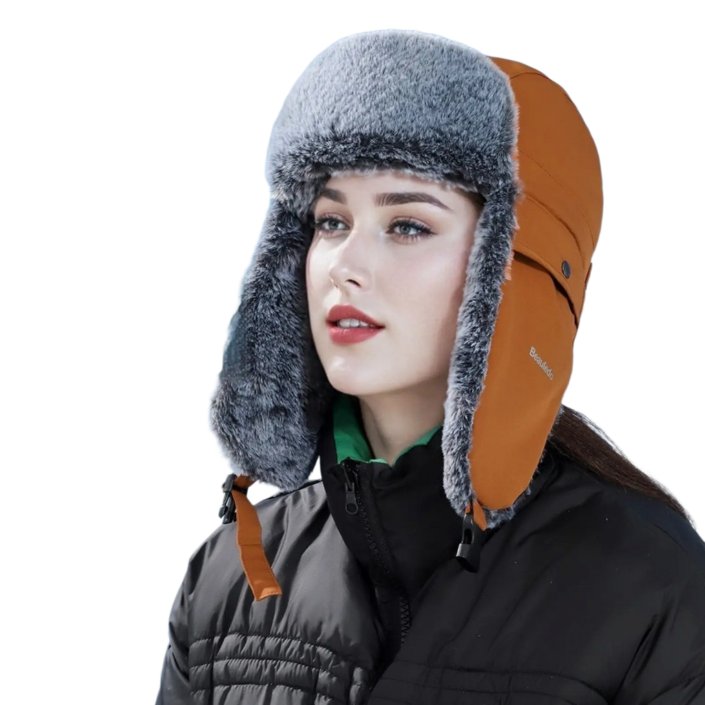Fleece-lined winter ushanka hat with gray and orange fur lining and padded windproof design for cold-weather warmth