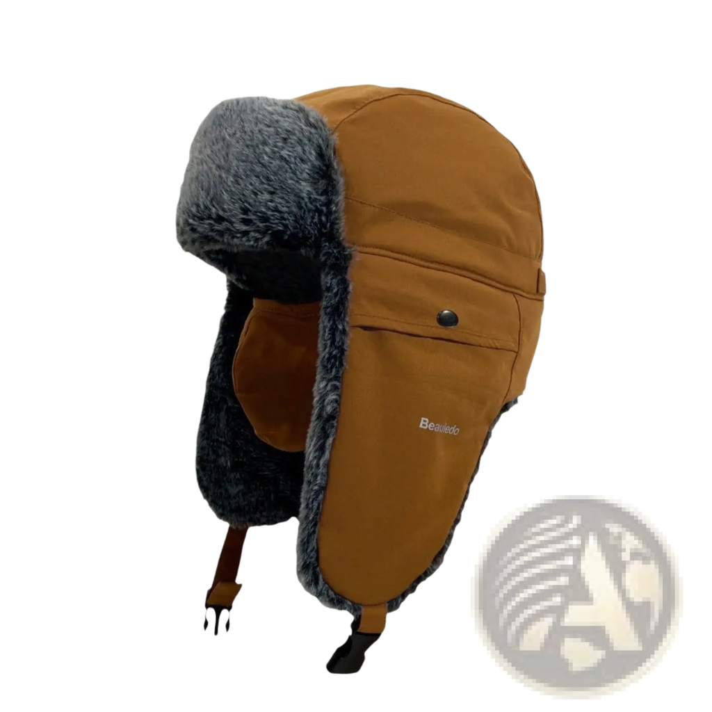 Fleece-lined winter ushanka hat in tan beauliedo with gray faux fur trim and adjustable straps for warmth and comfort
