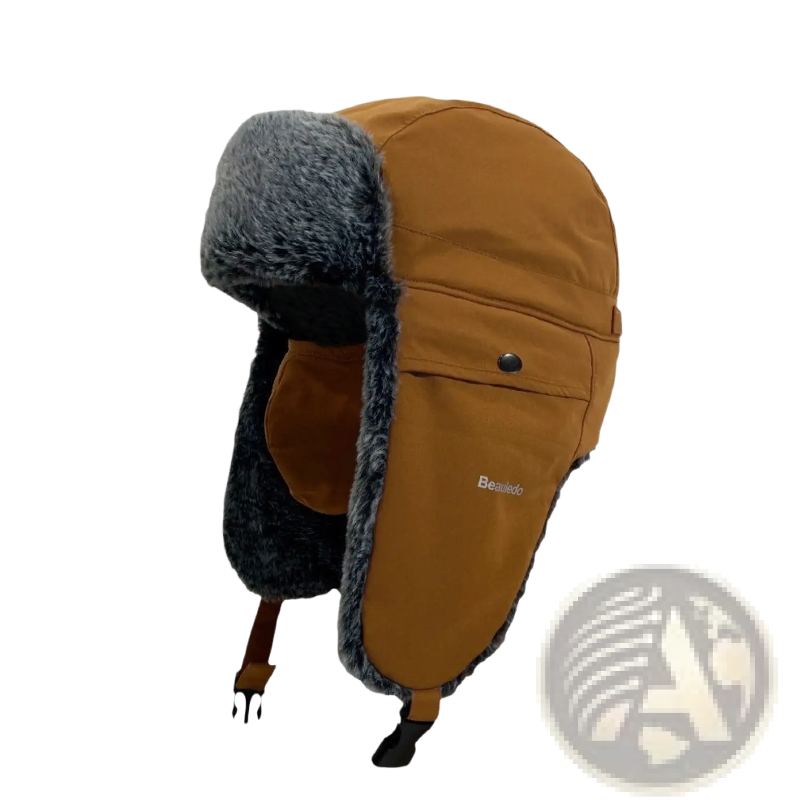 Fleece-lined winter ushanka hat in tan beauliedo with gray faux fur trim and adjustable straps for warmth and comfort