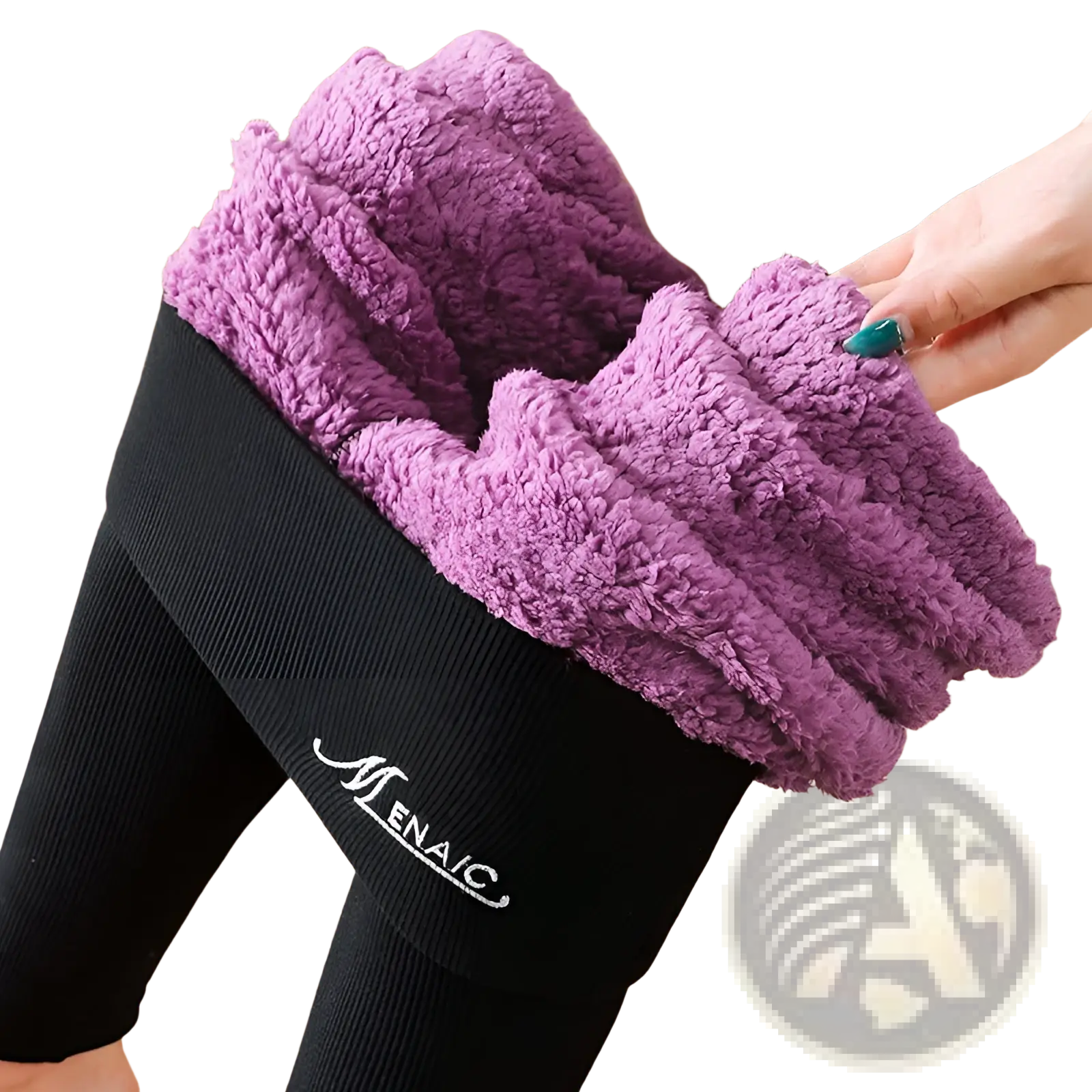 Purple fleece lined high waist leggings with black ribbed exterior and menaiq branding for winter warmth