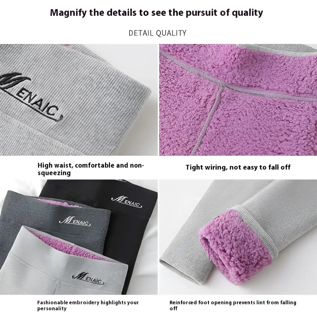 A pair of gray and purple fleece lined winter warm high waist leggings with menaic embroidered on the waistband