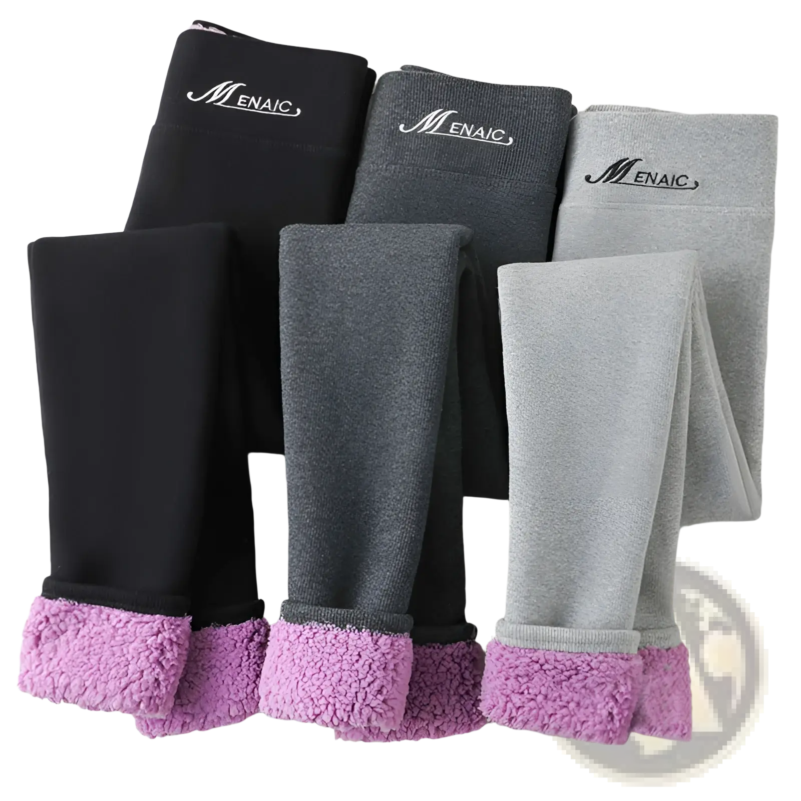 Fleece lined winter warm high waist leggings in black gray and heather gray fleece with soft purple plush cuff trim