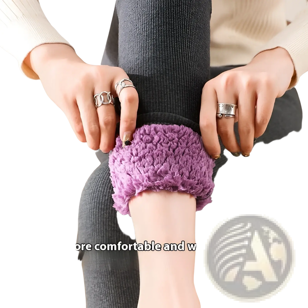 Fleece lined winter warm high waist leggings with purple fuzzy cuffs in dark gray for cold weather wear