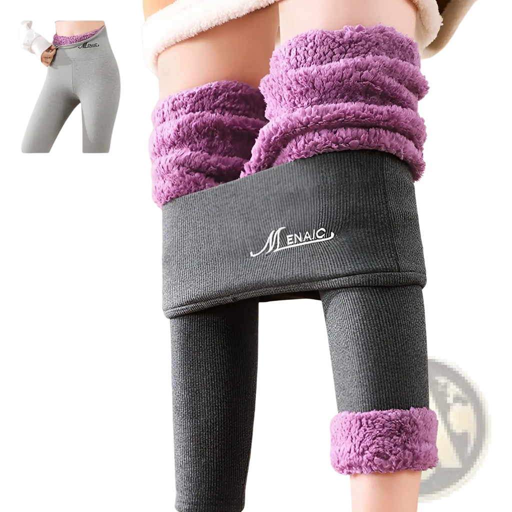 Purple and gray fleece lined winter warm high waist leggings with plush ribbed cuffs for added comfort and style