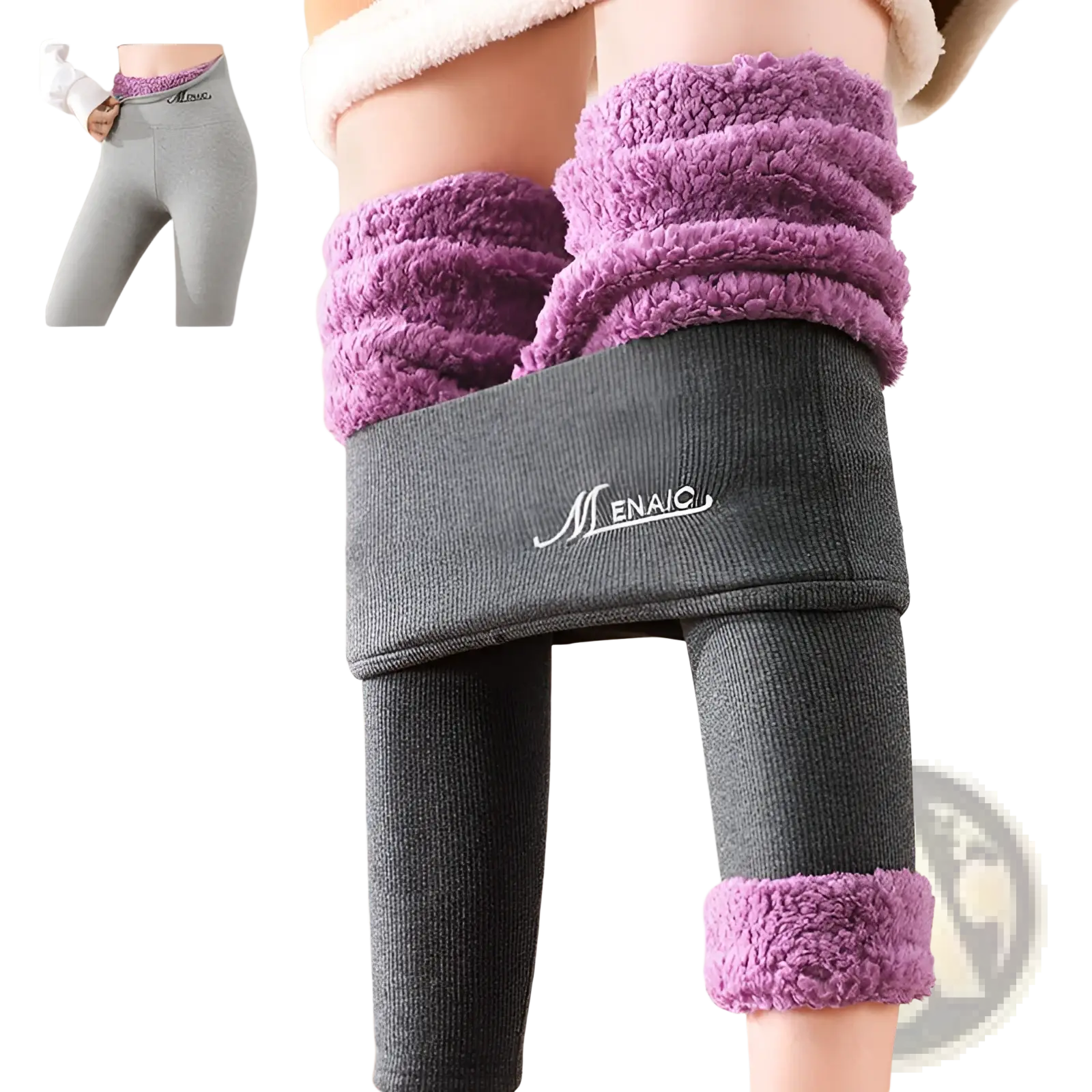 Purple and gray fleece lined winter warm high waist leggings with plush ribbed cuffs for added comfort and style
