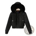 Black fleece puffer jacket with plush fur-lined hood and two front zippered pockets winter coat