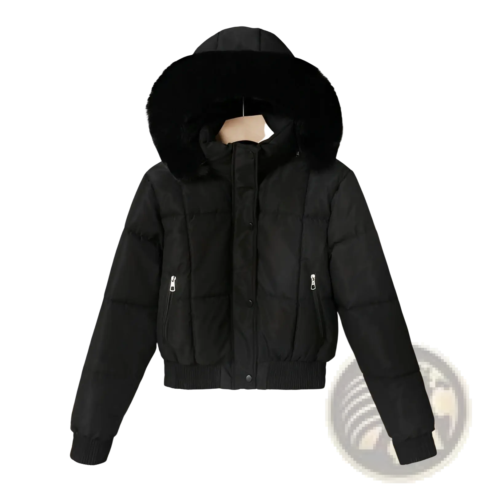Black fleece puffer jacket with plush fur-lined hood and two front zippered pockets winter coat