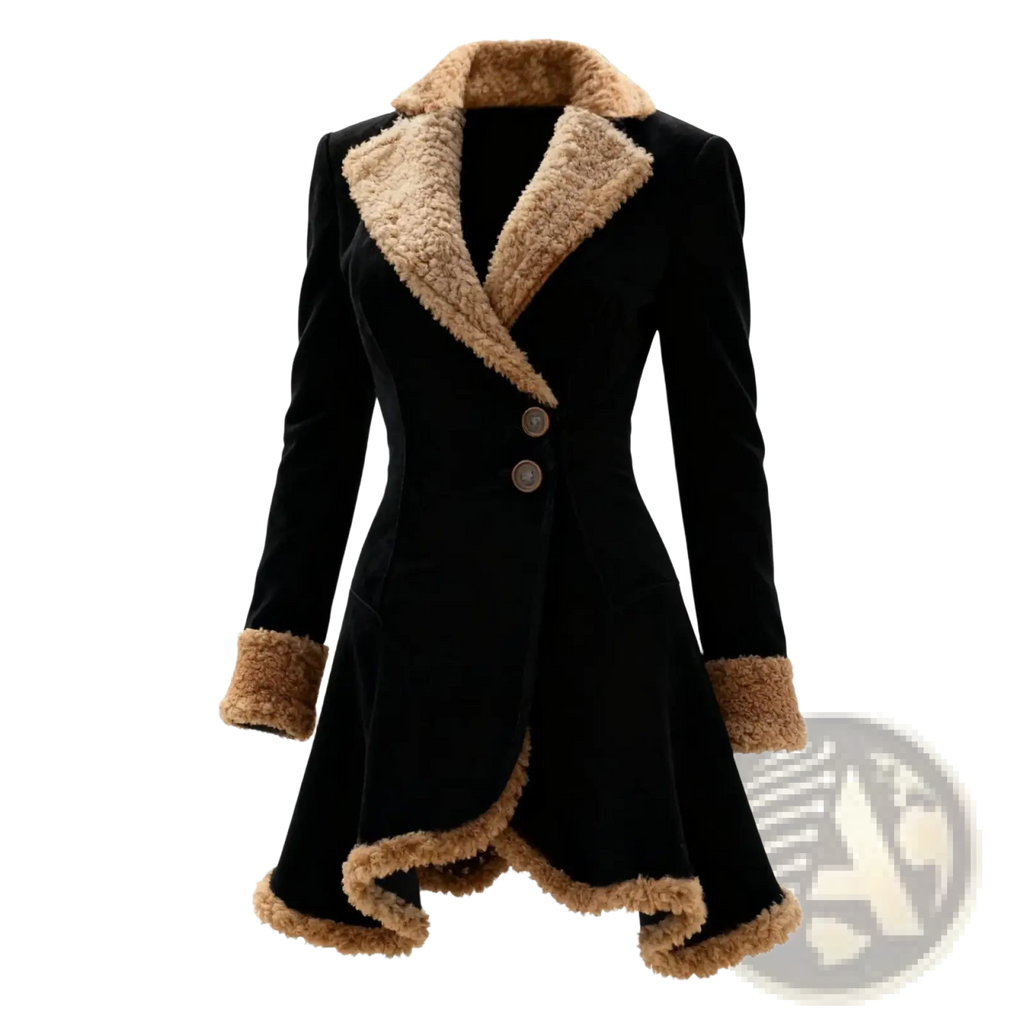 Black velvet fleece shearling jacket with tan shearling trim on collar cuffs and hem for women winter wear