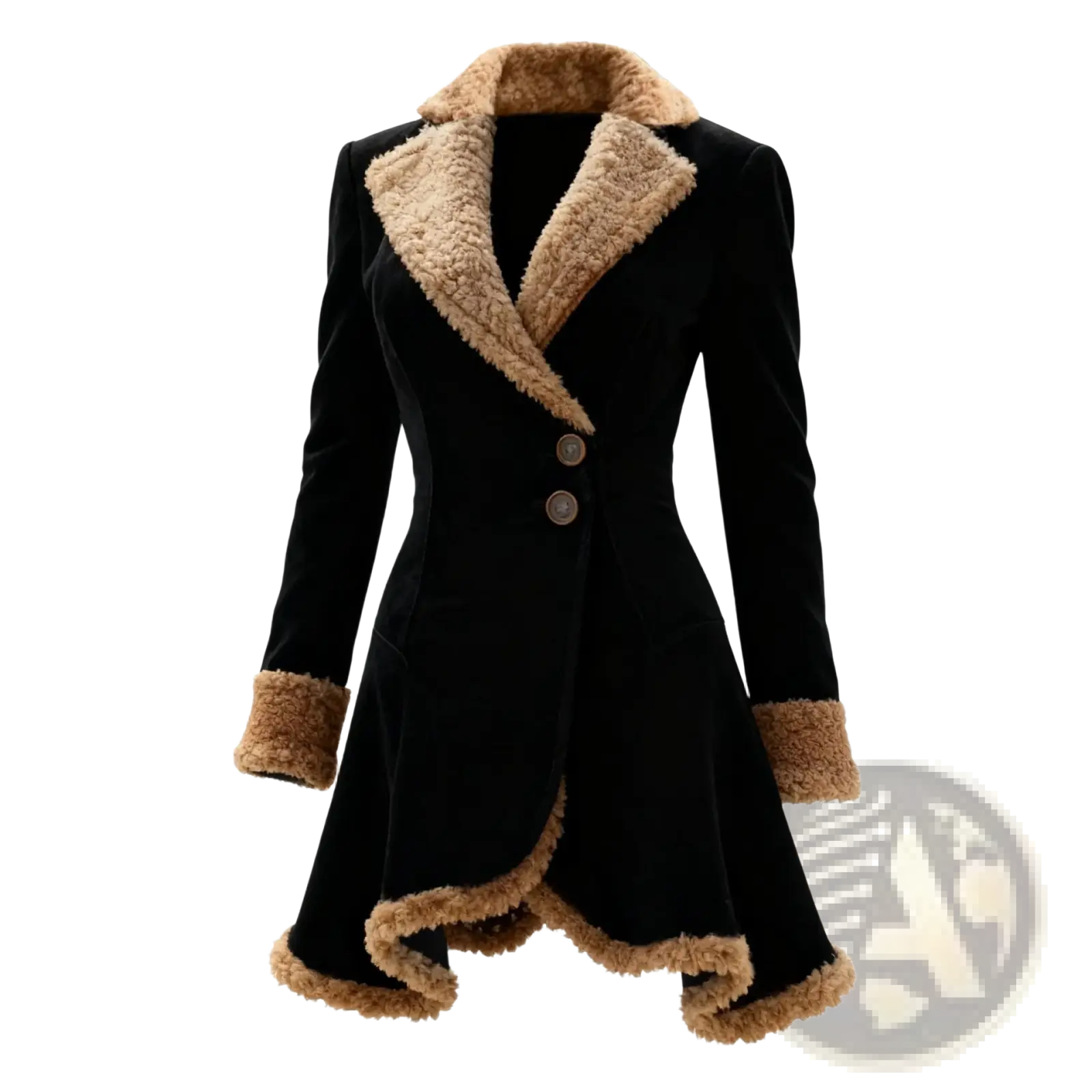 Black velvet fleece shearling jacket with tan shearling trim on collar cuffs and hem for women winter wear