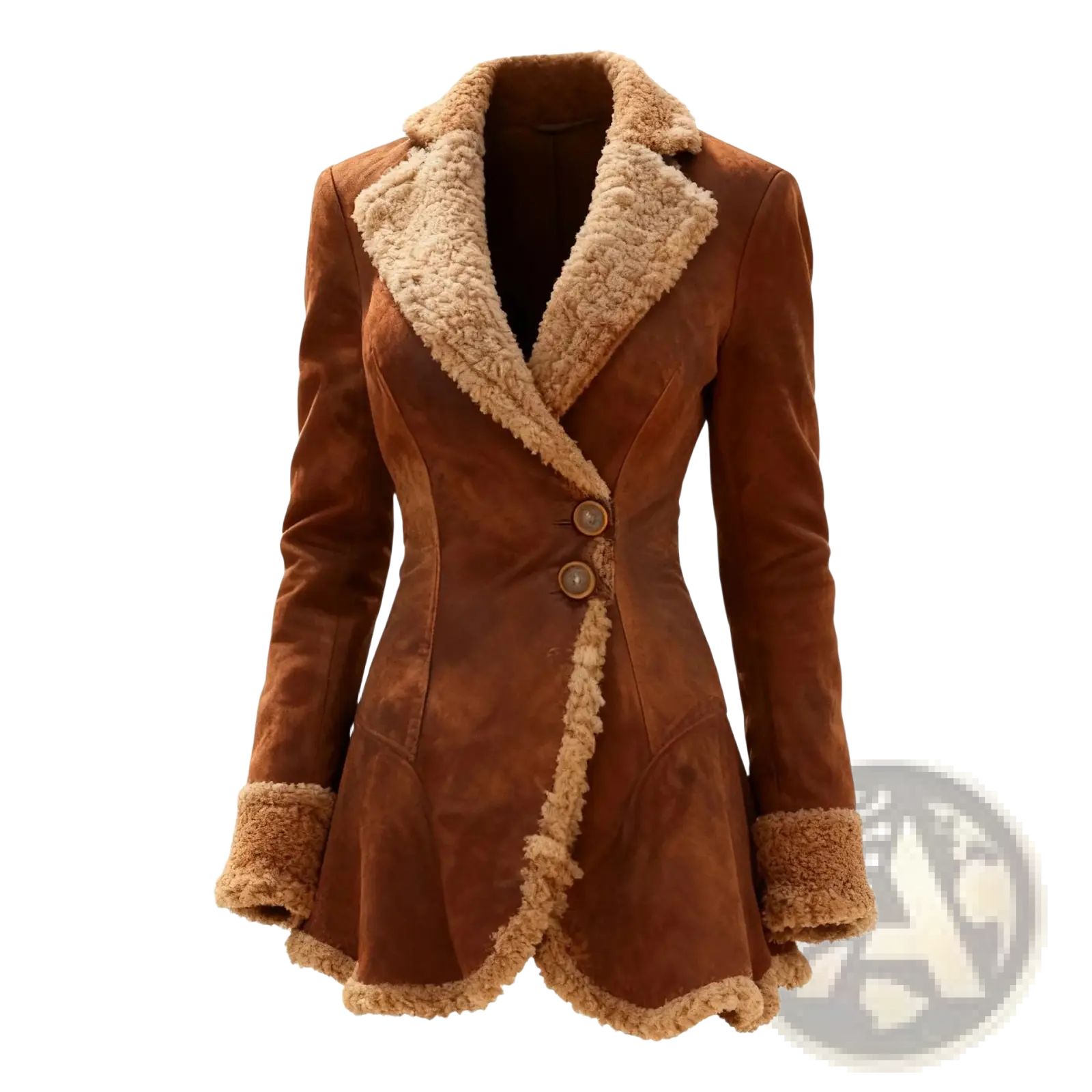 Brown suede fleece shearling jacket for women with plush beige shearling lining and cuffs for warmth and style