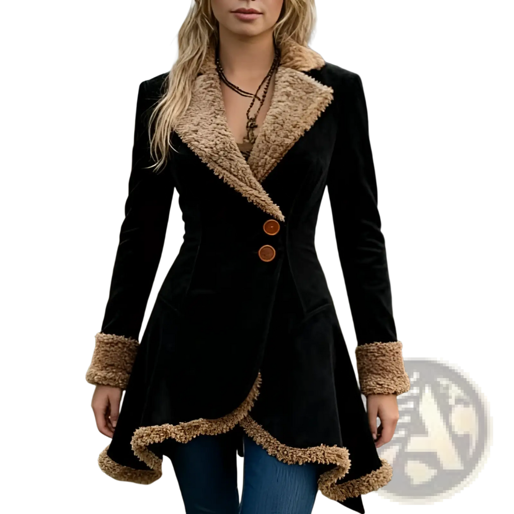 Black velvet fleece shearling jacket for women with tan shearling collar cuffs and hem made of thick suede fur