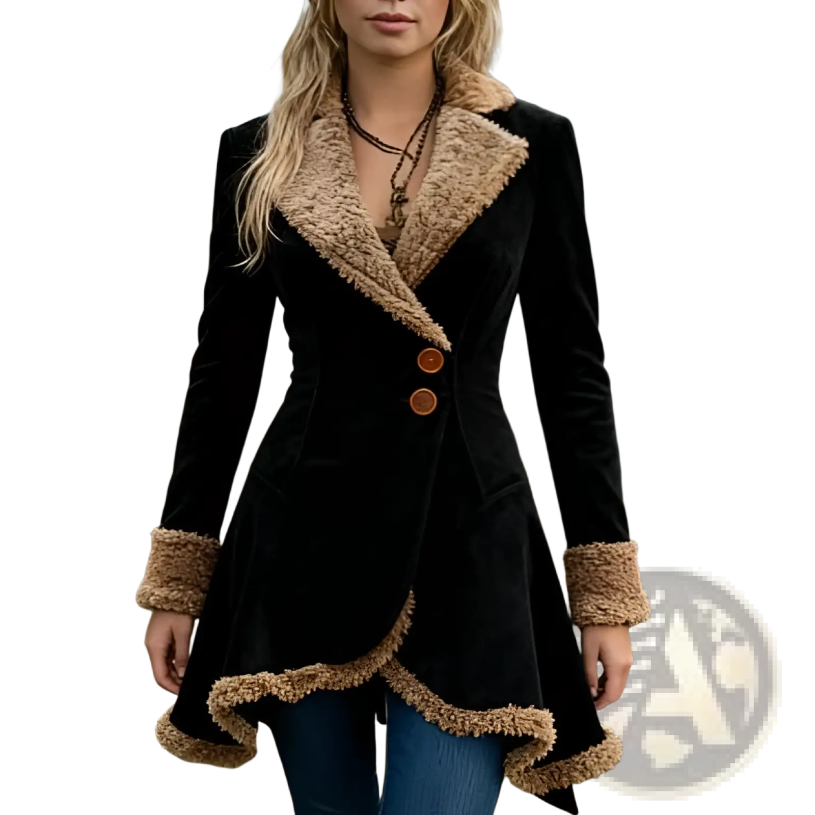 Black velvet fleece shearling jacket for women with tan shearling collar cuffs and hem made of thick suede fur