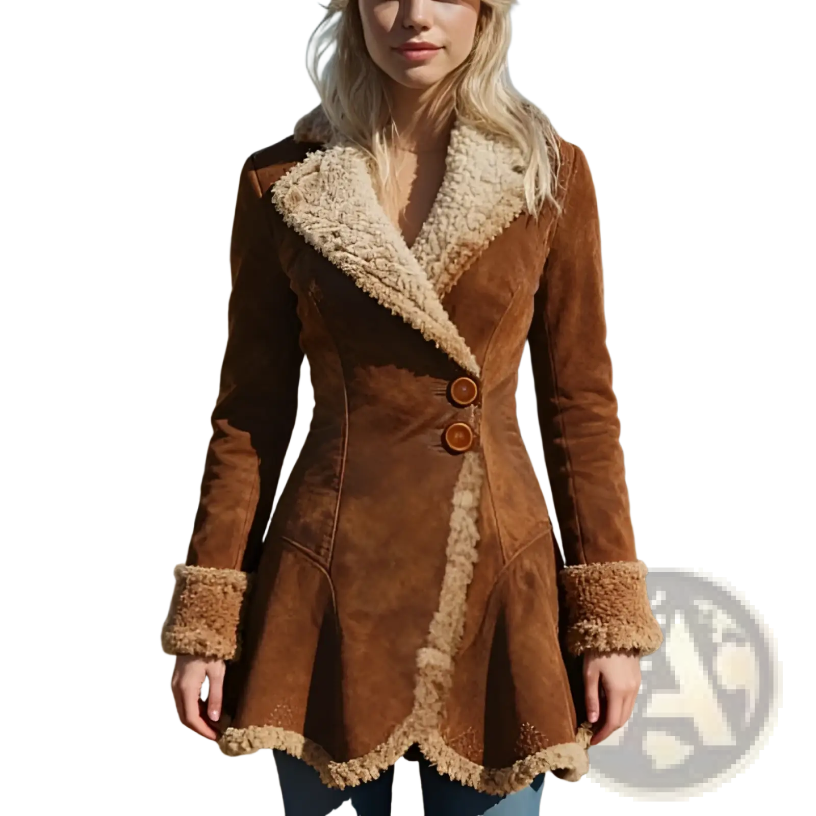 Brown suede fleece shearling jacket for women with cream-colored shearling lining and cuffs and thick warm fur coat design
