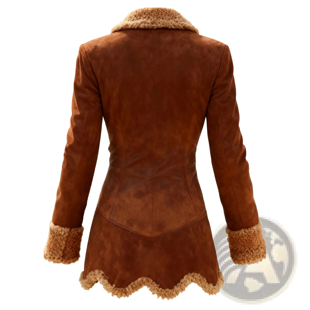 Brown suede fleece shearling jacket for women with thick tan plush collar and cuffs for cold weather wear