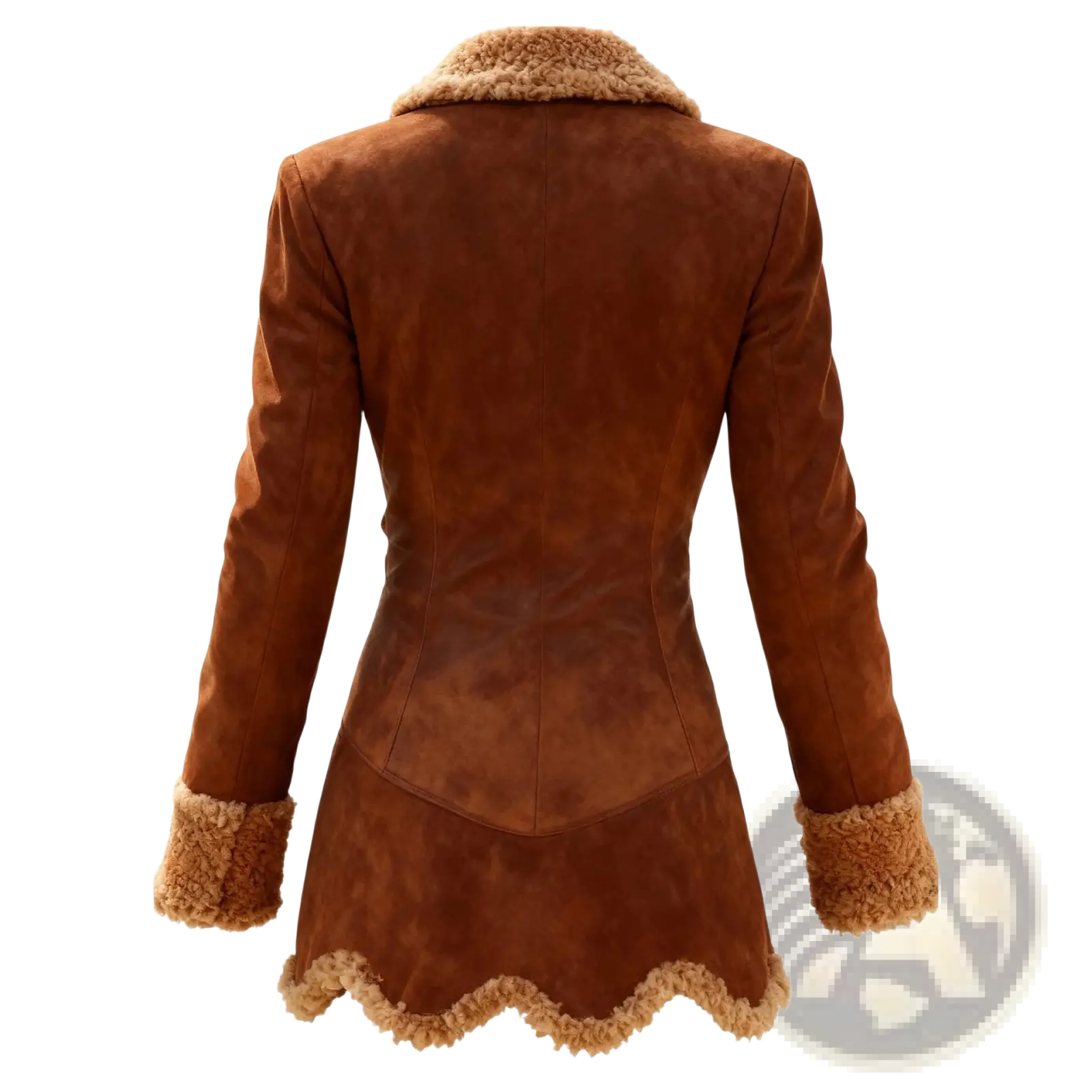 Brown suede fleece shearling jacket for women with thick tan plush collar and cuffs for cold weather wear