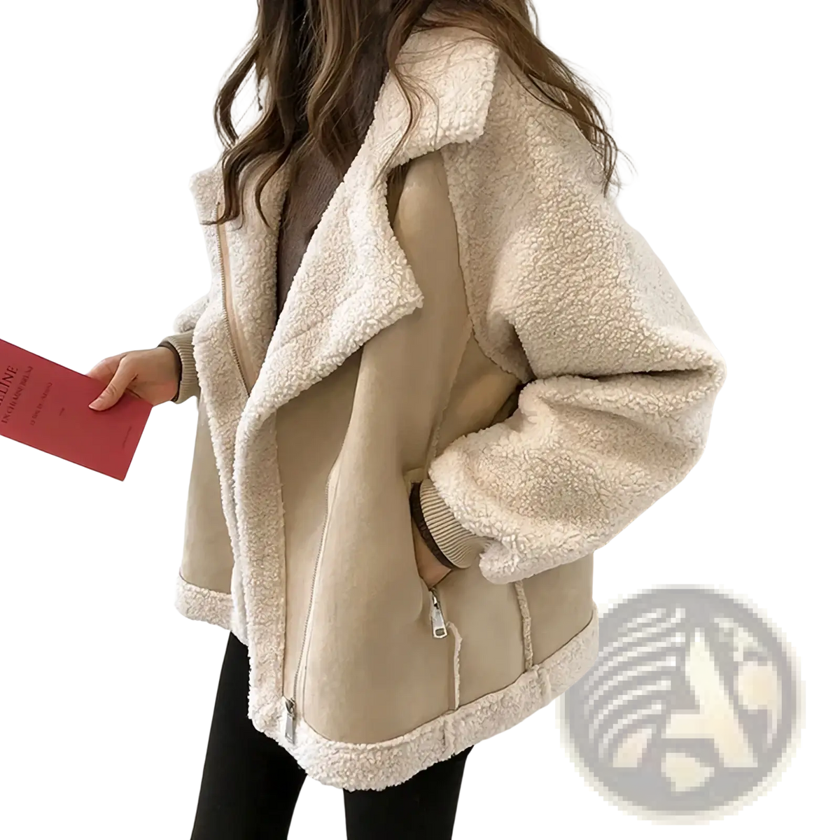 Cream-colored fleece suede shearling jacket for women with plush lining and beige outer shell