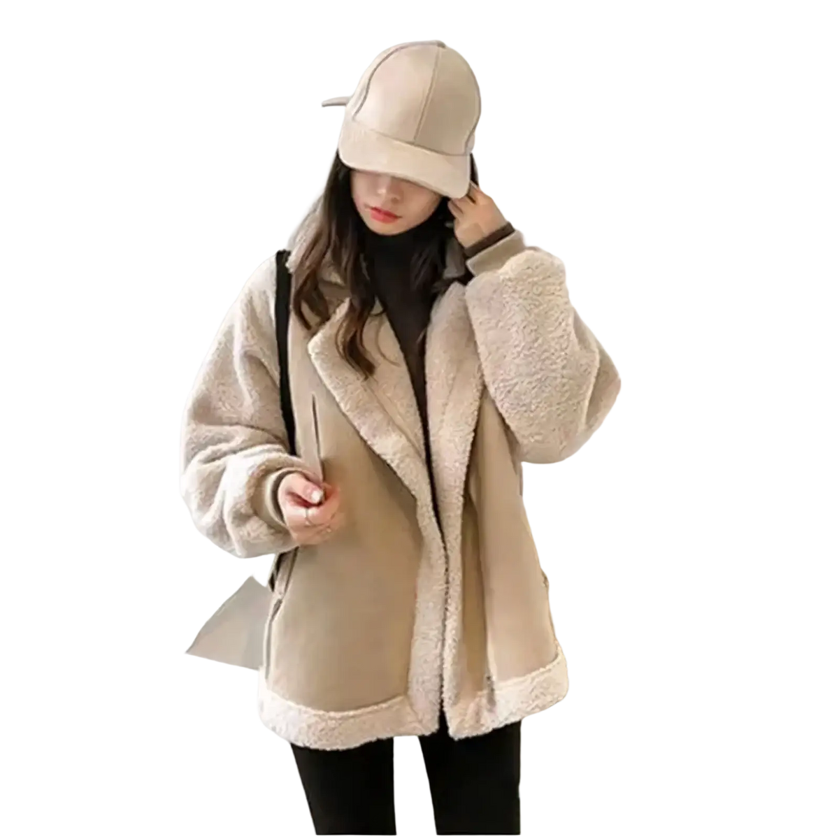 Beige fleece suede shearling jacket women with soft plush texture and cozy oversized fit