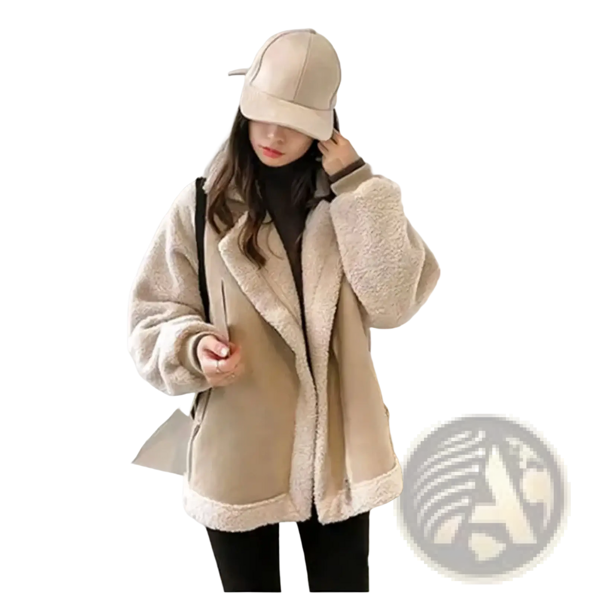 Beige fleece suede shearling jacket women with soft plush texture and cozy oversized fit