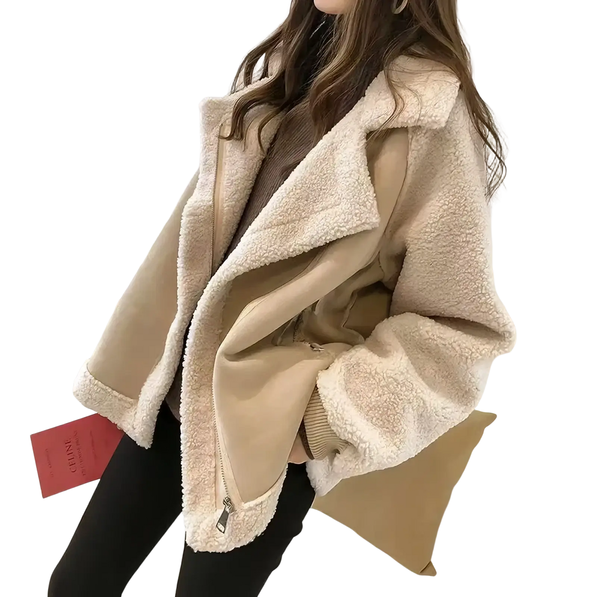 Cream-colored fleece suede shearling jacket for women with plush fleece interior and smooth beige outer panels