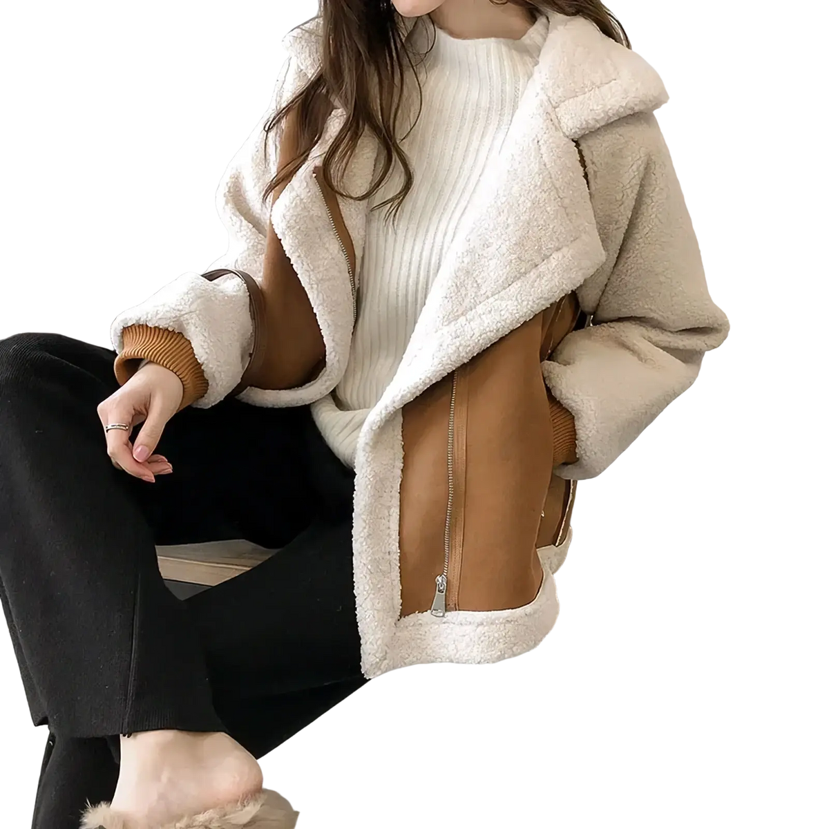 Cream-colored fleece suede shearling jacket for women with tan leather panels and ribbed cuffs in bomber style
