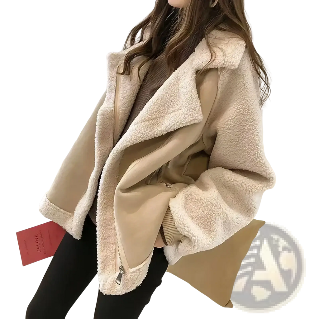 Cream-colored fleece suede shearling jacket for women with plush fleece interior and smooth beige outer panels