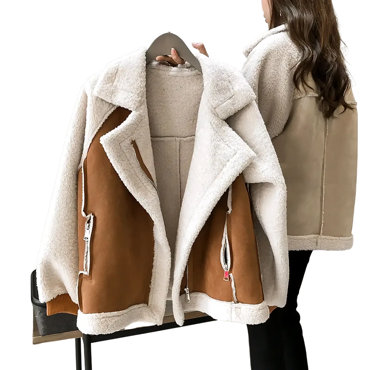 Cream-colored fleece suede shearling jacket for women featuring brown suede panels and silver zippers in front view