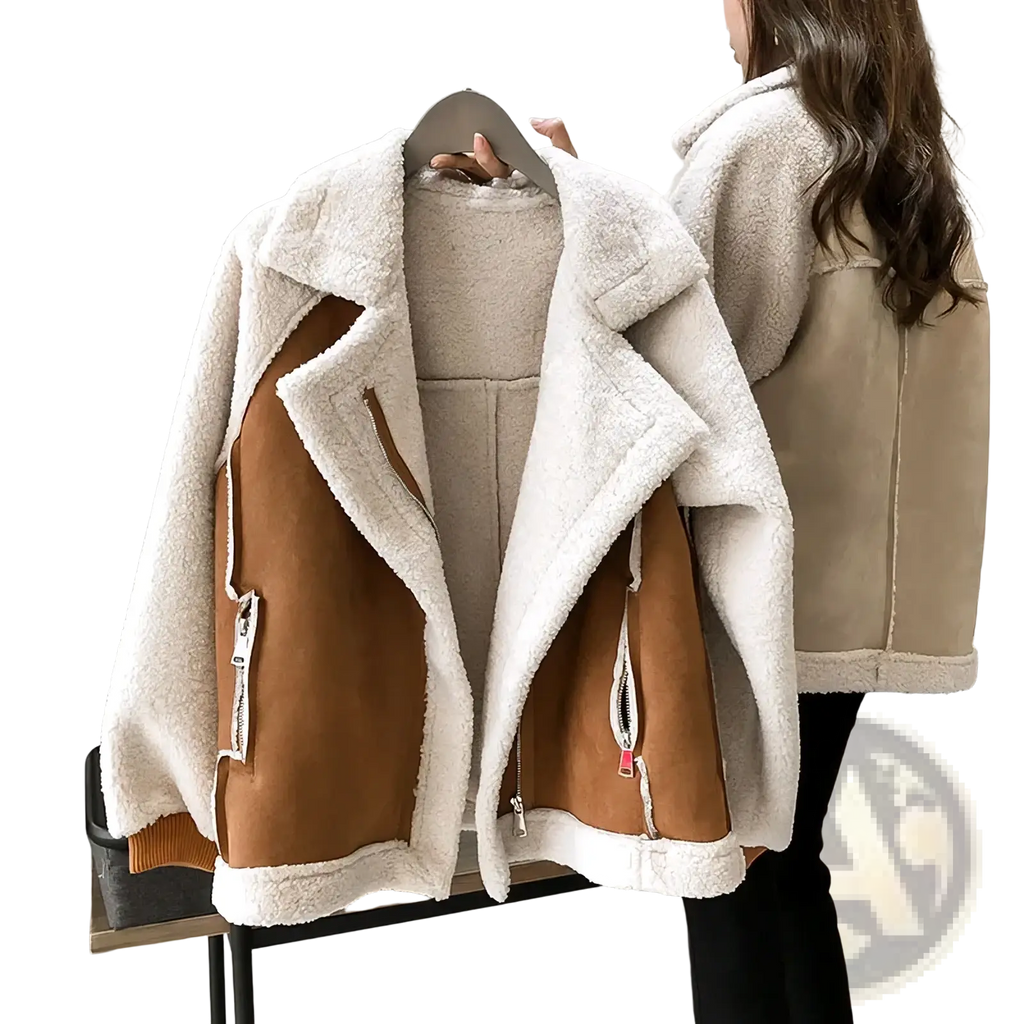 Cream-colored fleece suede shearling jacket for women featuring brown suede panels and silver zippers in front view